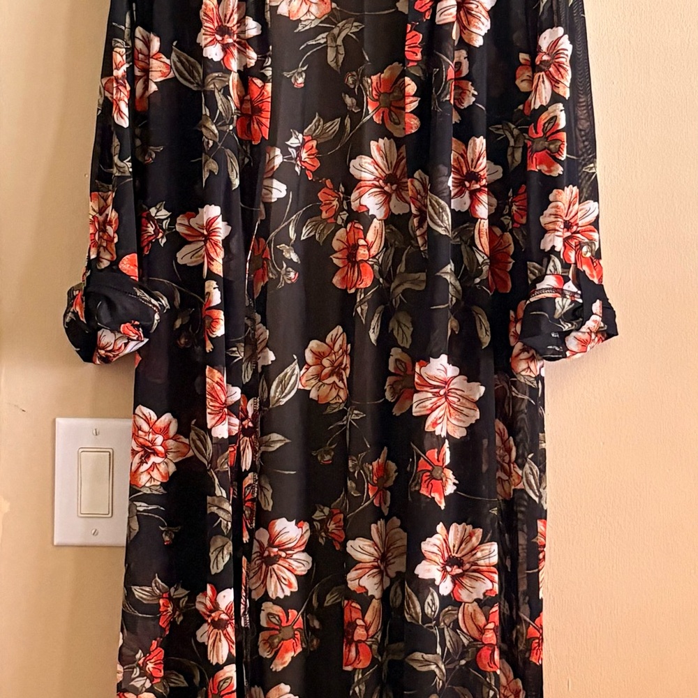 Black Floral Sheer Long Sleeve Kimono/Duster with Red and Cream Blooms
